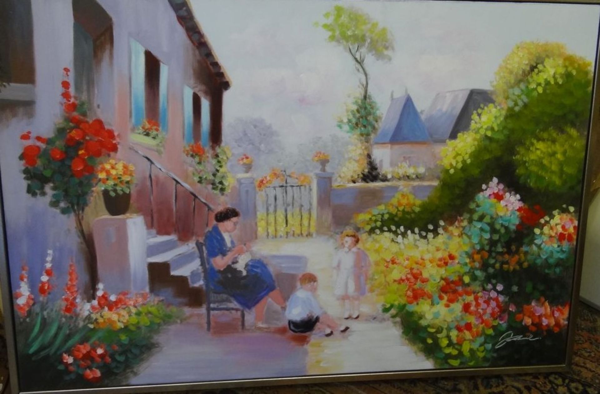 unleser. sign. grosses Gemälde "Frau mit Kindern im Garten", Öl/Leinen, gerahmt, RG 83x124 cm