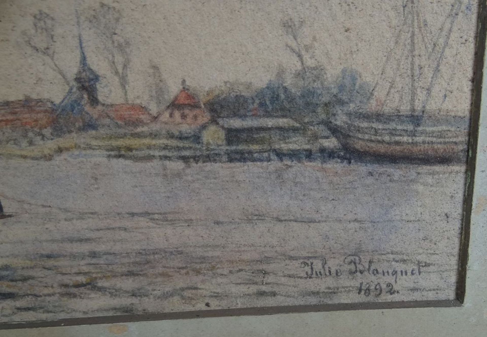 Julie Blanquet, 1892,  Küstenszene, Aquarell auf Pappe, mittig Loch, gerahmt, Glasfehlt, RG 39x51 c - Bild 2 aus 5