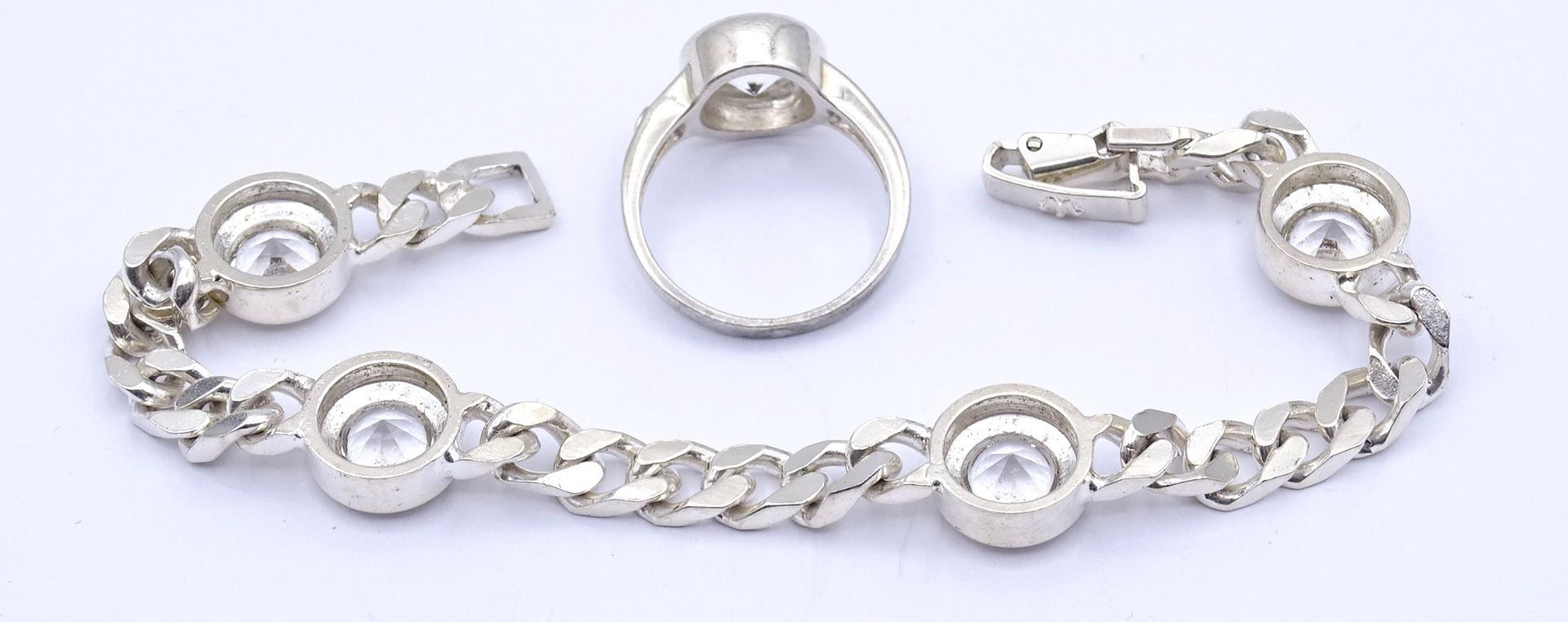 Armband und Ring, Silber 0.835 mit rund facc. klaren Steinen, L. 19,5cm, ges.Gew .31,2g., RG 58/59 - Bild 3 aus 3