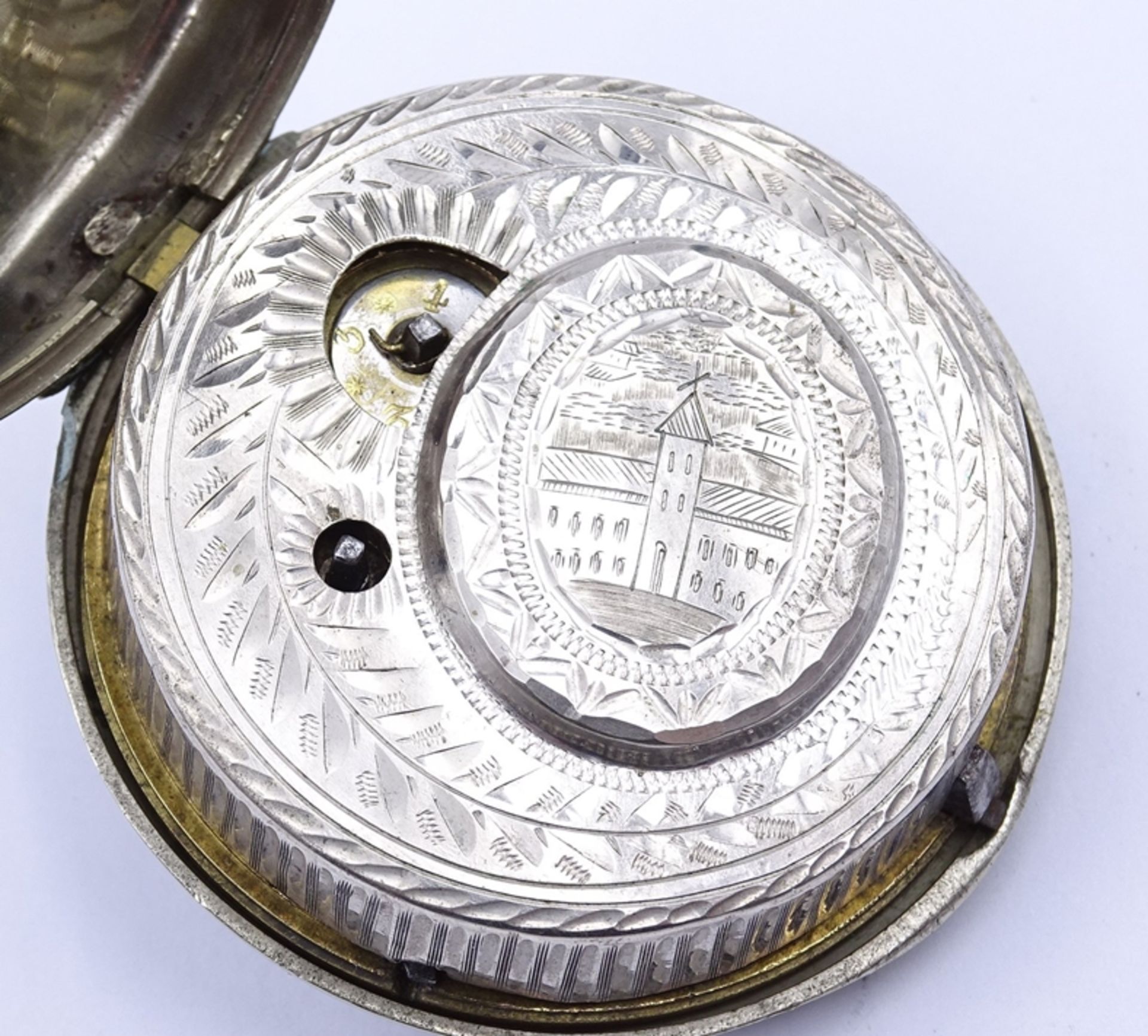 Alte Spindeltaschenuhr "Thomas Whitt", London, D. 57mm, Schlüsselwerk, Metall,orig. Glas, mit Schut - Bild 10 aus 12