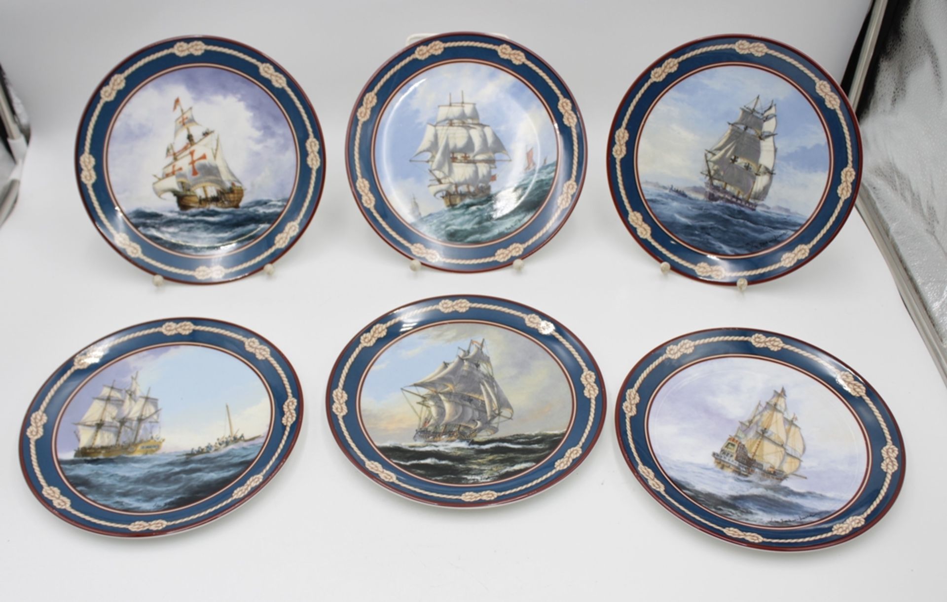 6x Sammelteller, Royal Doulton, Segelschiff-Motive, Bradex-Nr. , je D-21cm.