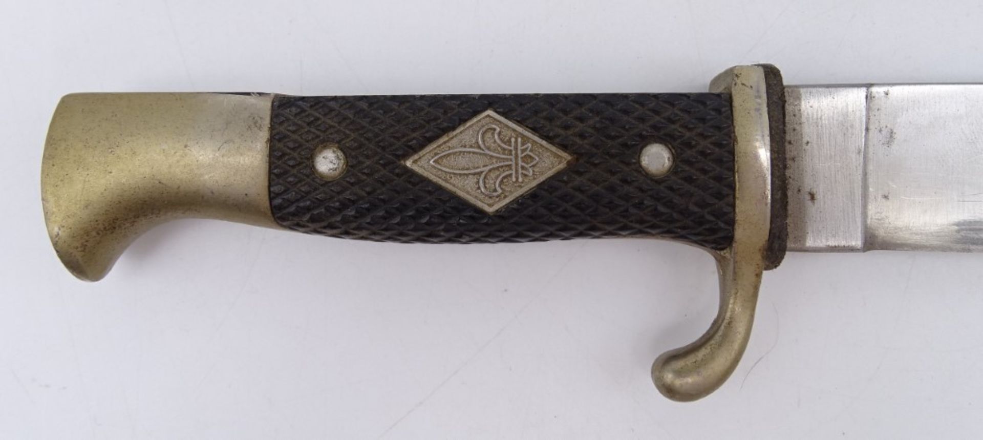 Pfadfindermesser DES Solingen, Griff mit Lilienemblem in Raute, Metallscheide, L. Klinge: 24,5 cm - Bild 3 aus 5