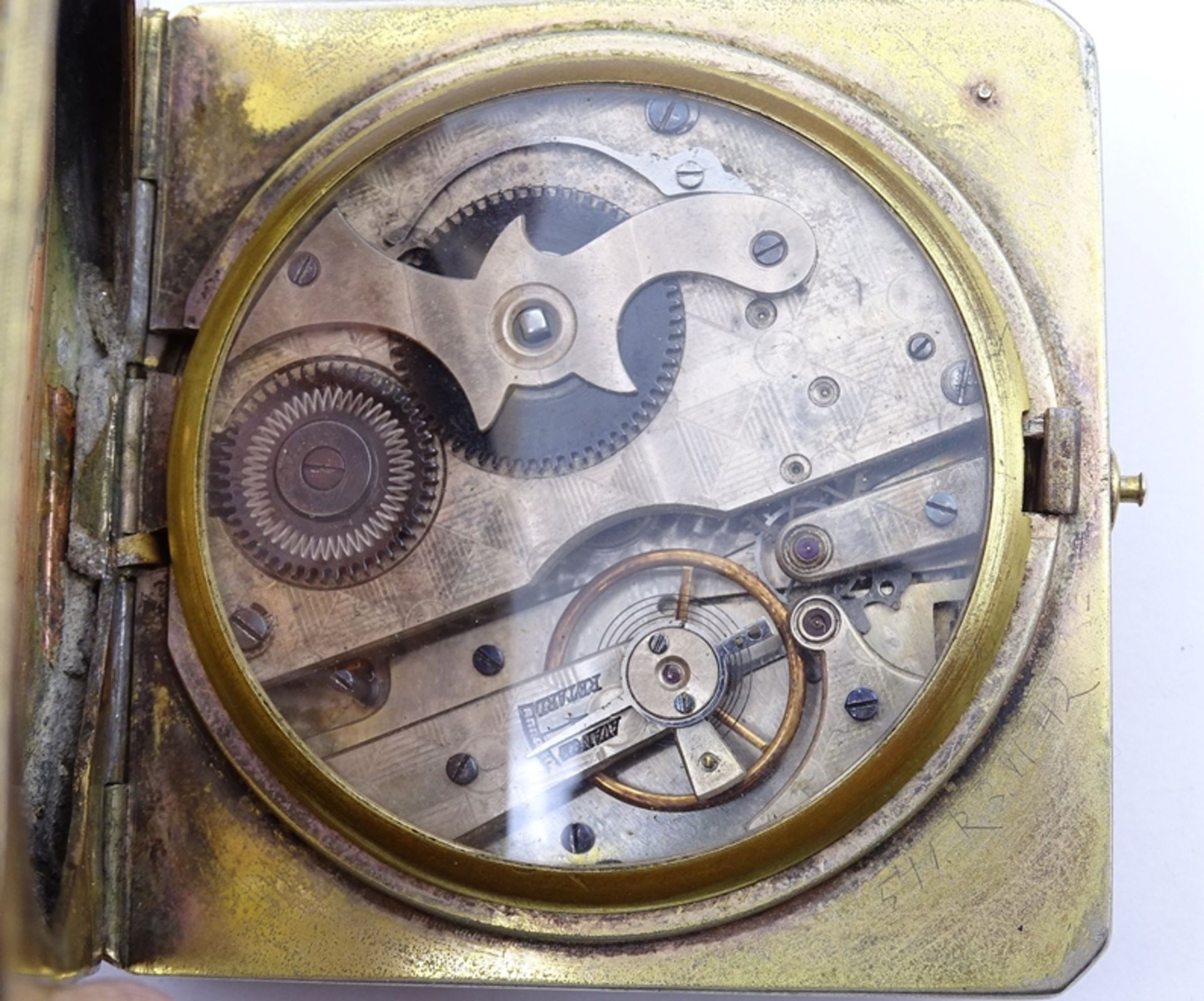 Alte große eckige Taschenuhr mit Emaille Malerei auf Rückendeckel, Sternenbild und Seeansicht, mech - Bild 6 aus 8