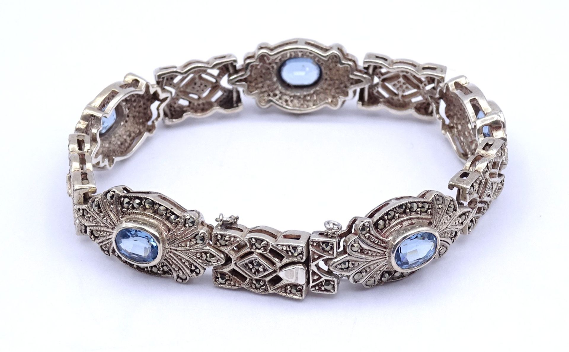 Schönes Silber Armband mit Markasiten und 5 oval facc. Blautopasen, Sterling Silber 0.925, L. 19,5c - Bild 4 aus 4