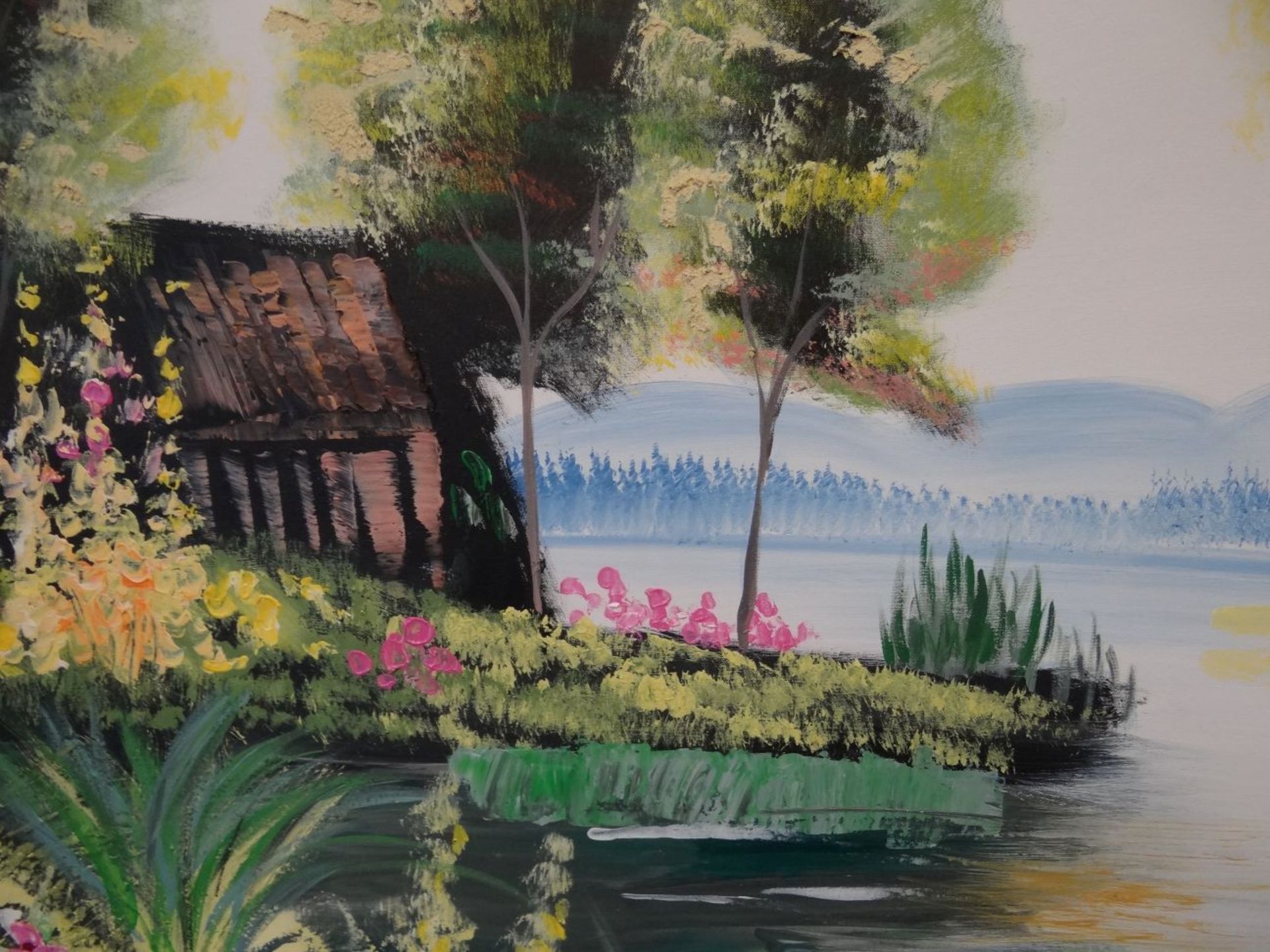 unleserl. sign. grosses Gemälde "Haus am Fluss", Öl/Leinen, gerahmt, RG 83x124 cm - Bild 3 aus 6
