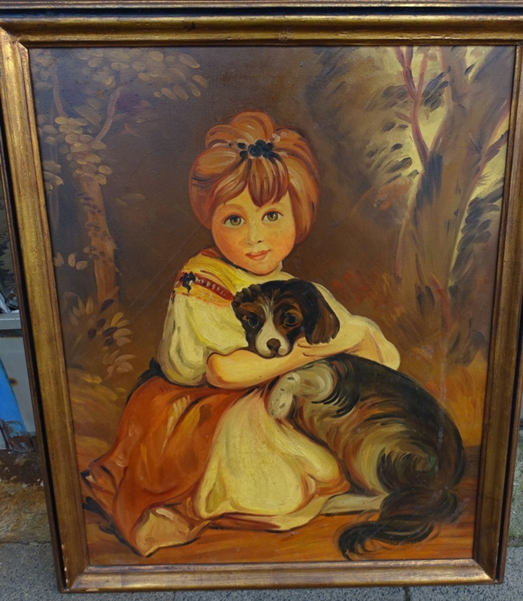 unsigniertes Gemälde, Mädchen mit Hund, Öl/Leinen, gerahmt, RG 67,5 x 82,5cm