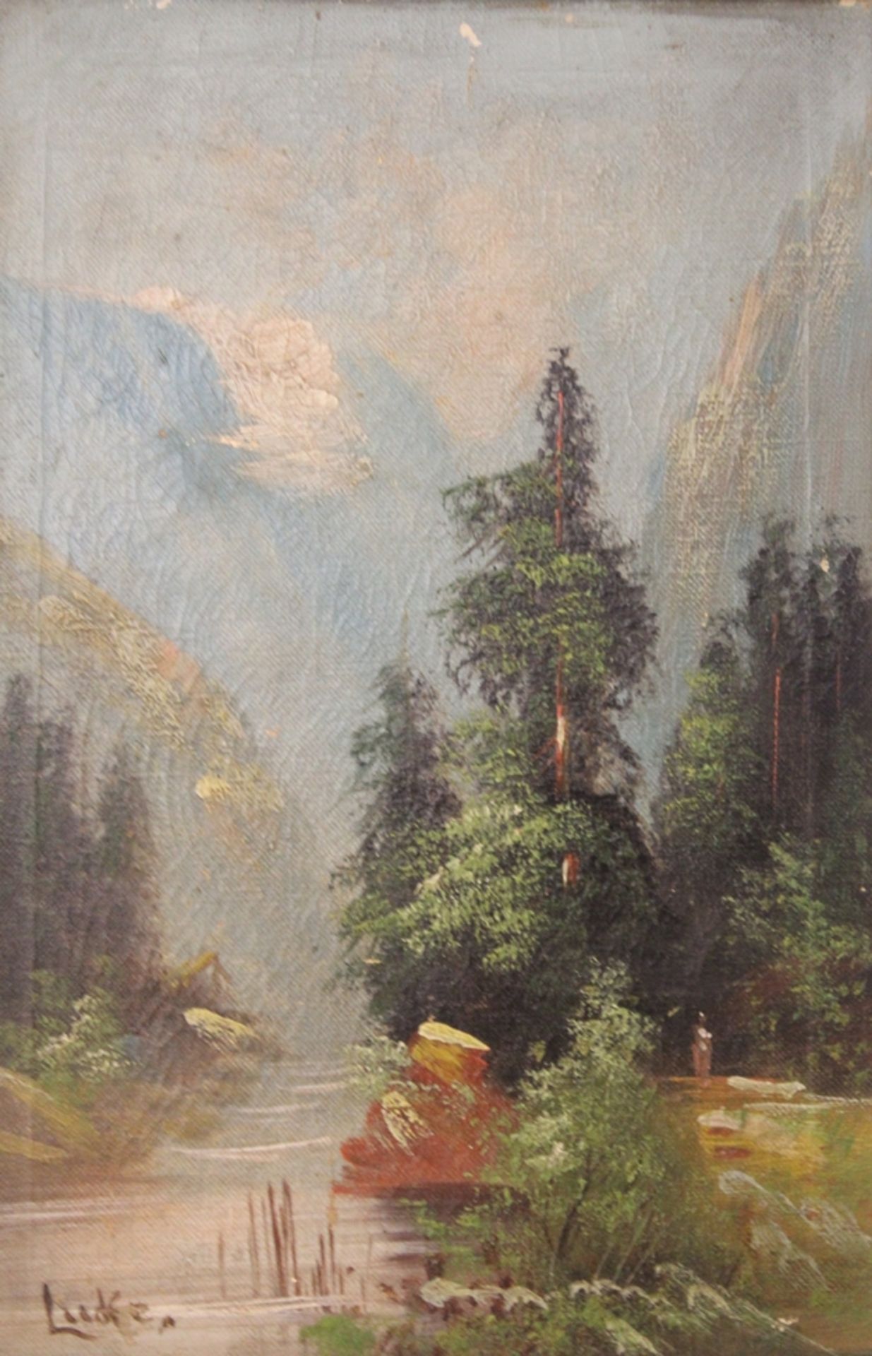 Lucke, Gebirgslandscaft, Anfg. 20. Jhd., Öl/Leinwand, restau.bedürftig, gerahmt, RG 45,5 x 35cm.