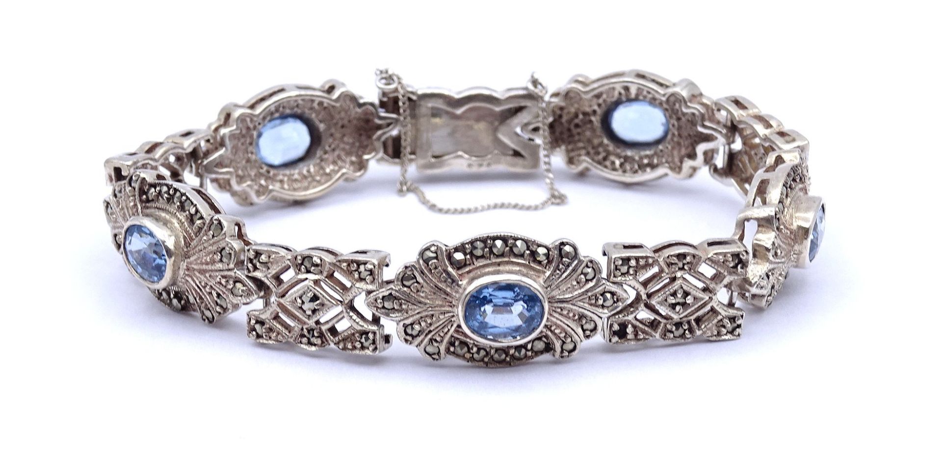 Schönes Silber Armband mit Markasiten und 5 oval facc. Blautopasen, Sterling Silber 0.925, L. 19,5c - Bild 2 aus 4