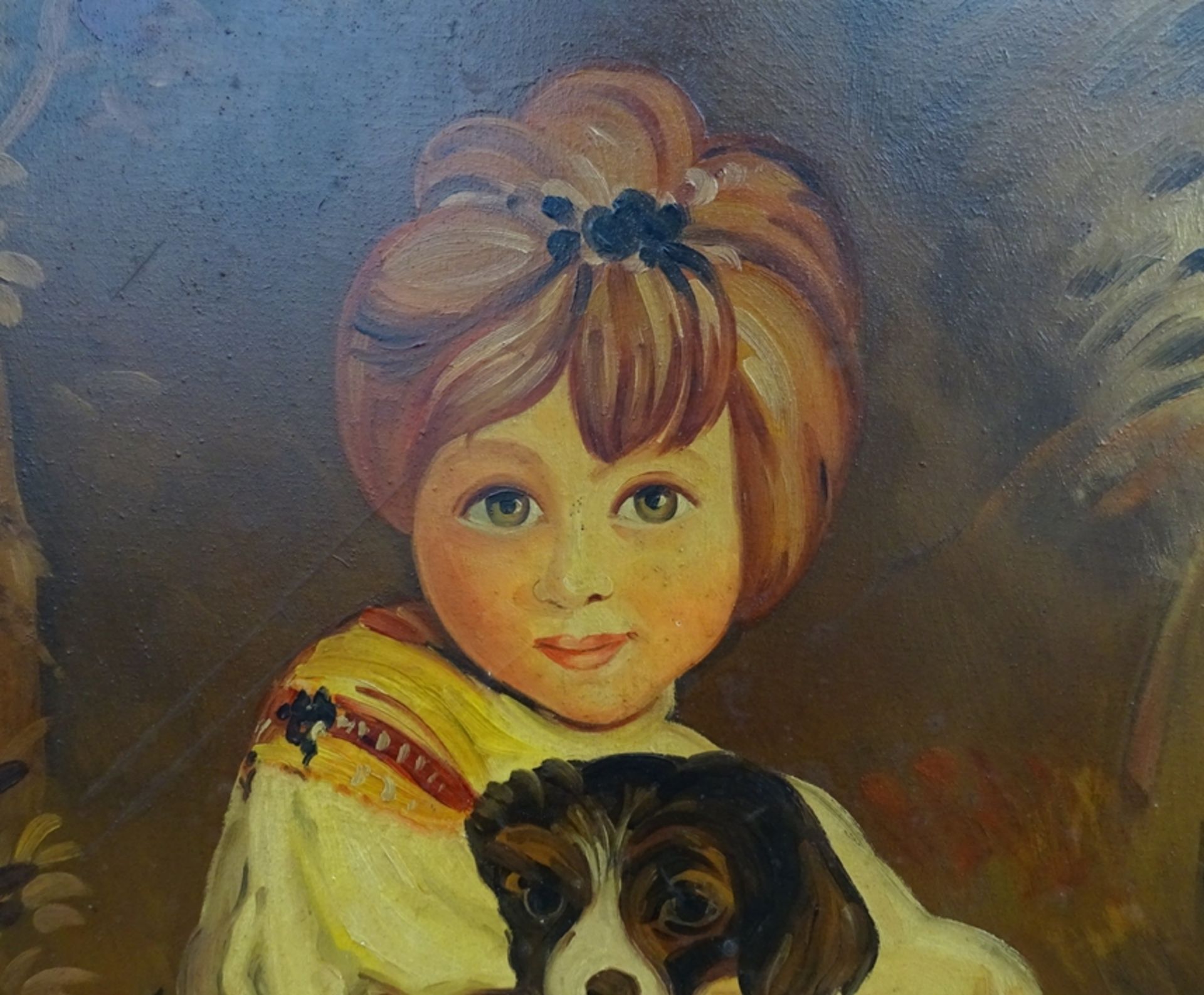 unsigniertes Gemälde, Mädchen mit Hund, Öl/Leinen, gerahmt, RG 67,5 x 82,5cm - Bild 2 aus 4