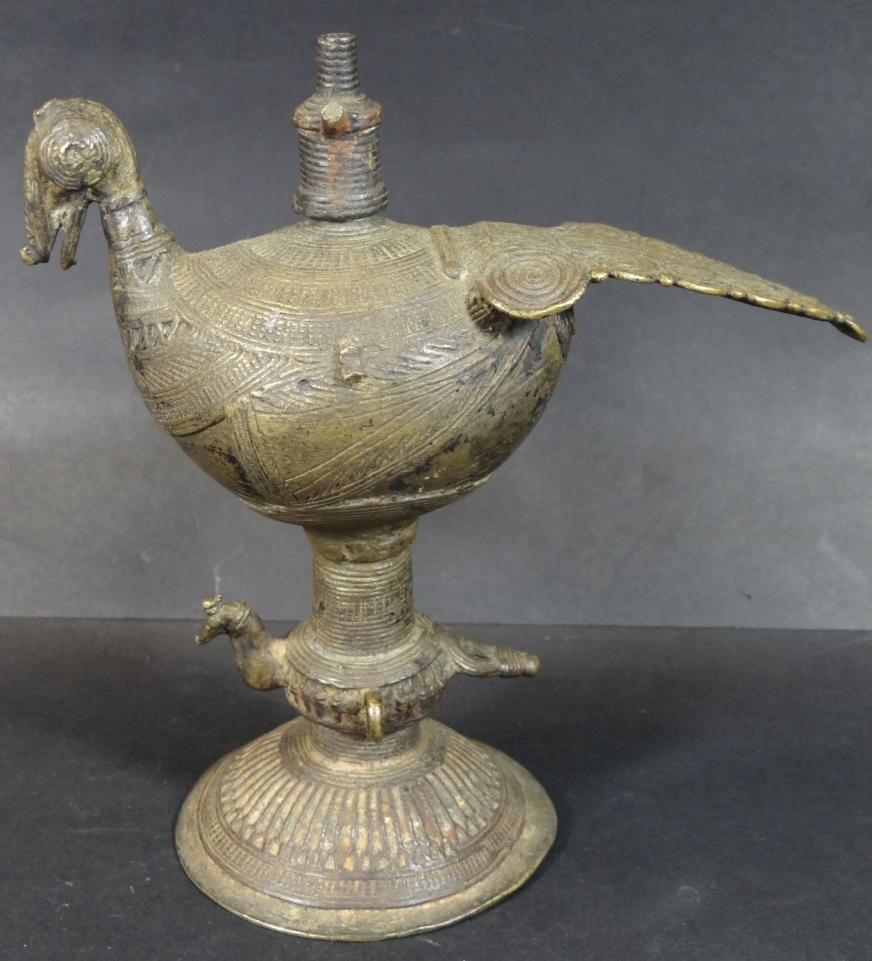 Bronze-Öllampe in Vogelform, auch zum Hängen, H-17 cm