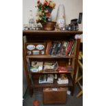 LOT - BOOKS, BOOK STANDS, ASH TRAY, FLOWERS, GOLF PICTURE, SUITCASES (NO BOOKCASE)