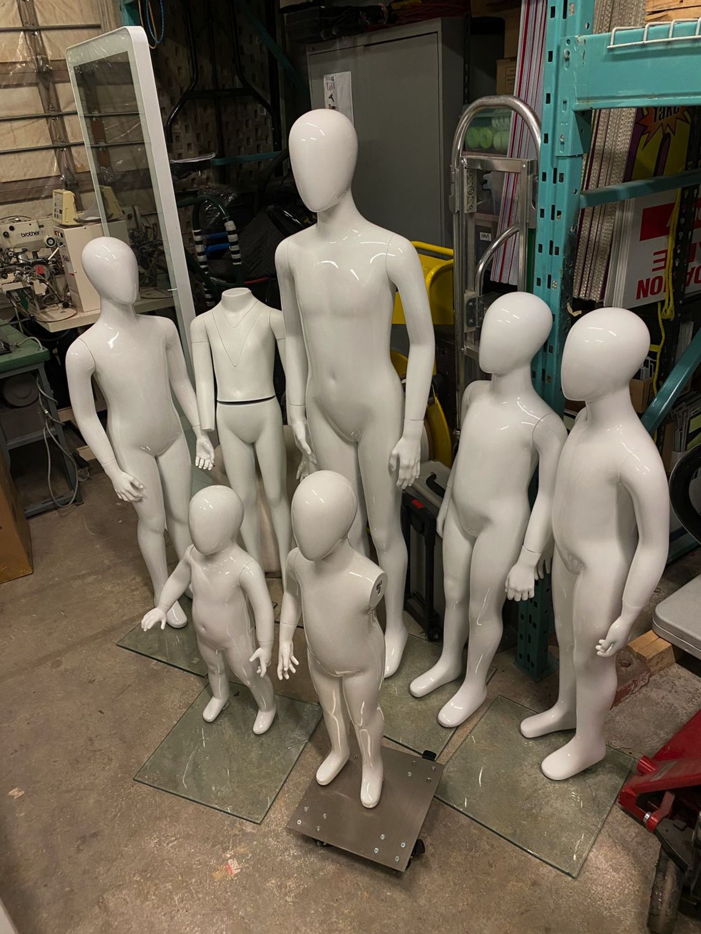LOT - (8) ASSORTED MANNEQUINS, (5) GLASS BASES, (1) ROLLING METAL BASE, & (1) WHITE OTTOMAN - Image 3 of 3