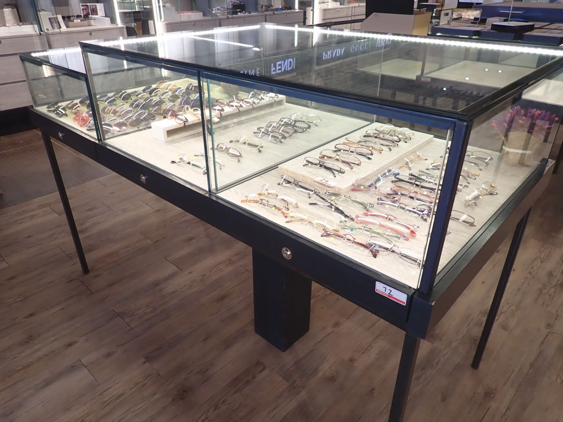 GLASS 92" X 33" X 50" & 45"H DISPLAY CASE W/ INTEGRATED LED LIGHTS (110V) & LOCKABLE PULL-OUT DRAWER