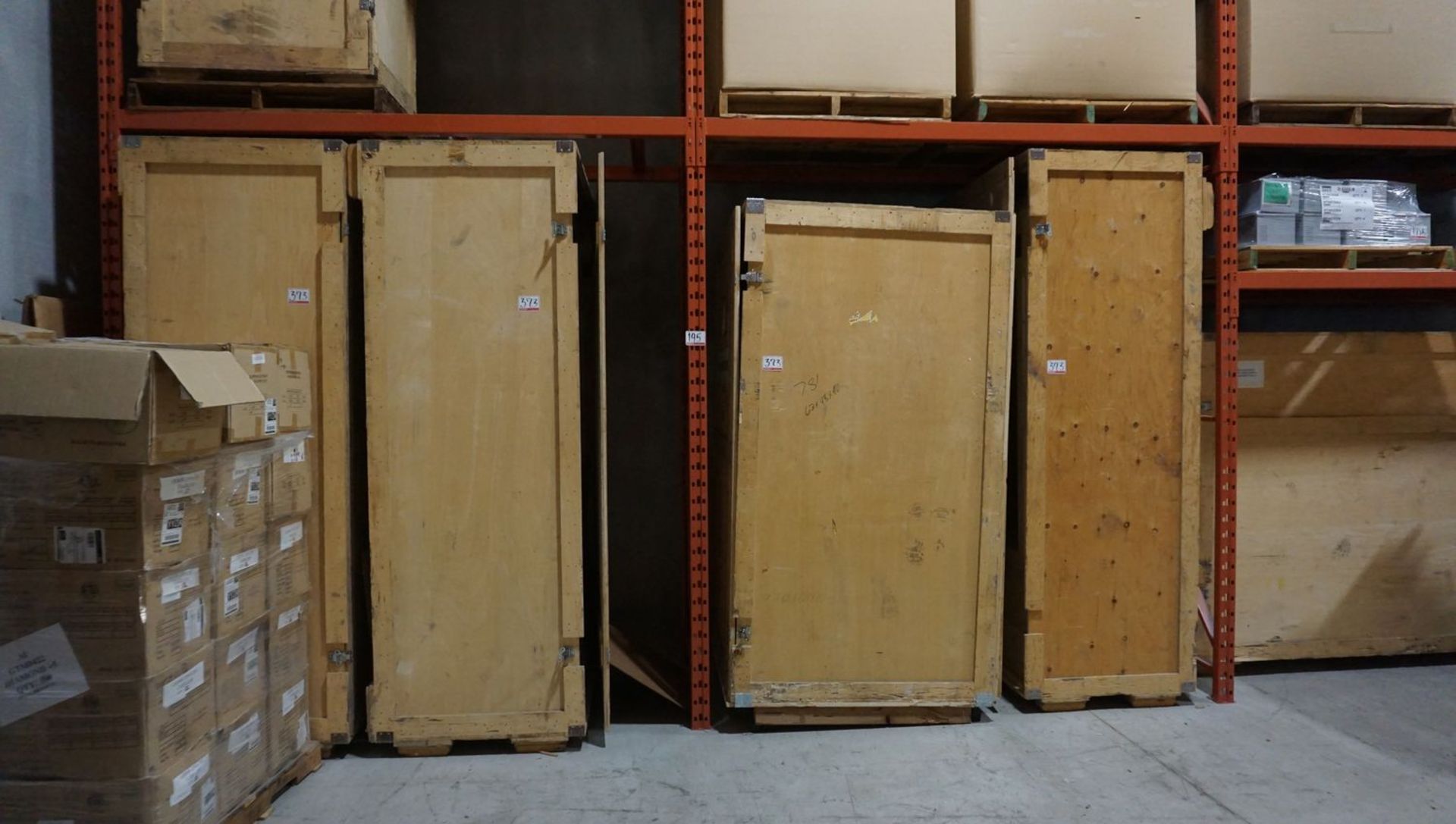 LOT - ASSORTED SHOW BOOTH DISPLAY UNITS C/O (7) ROLLING WOOD CRATES & (4) SKIDS