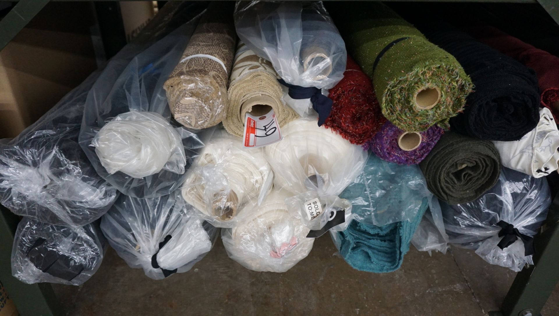 LOT - ASSORTED ROLLS OF FABRIC, POLYESTER, ACRYLIC, WOOL (20 ROLLS)