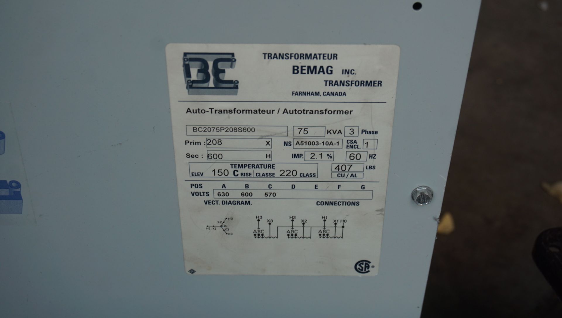 BEMAG 75KVA 208/600V TRANSFORMER - Image 2 of 2
