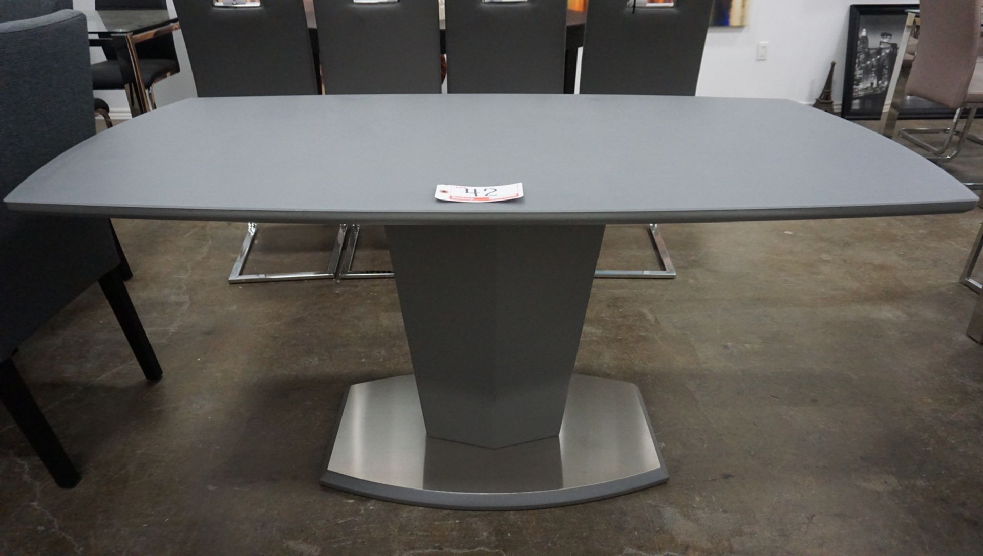 MATTE GREY 63" X 39.5" X 30"H DINING TABLE W/ STAINLESS STEEL ACCENTS AND SAND BLASTED GLASS ON