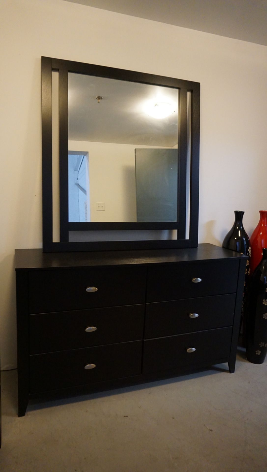 LOT - BEDROOM FURNITURE C/O: BLACK 6-DRAWER DRESSER 54" X 17" X 32" W/ MIRROR, & 5-DRAWER 36" X - Image 2 of 2