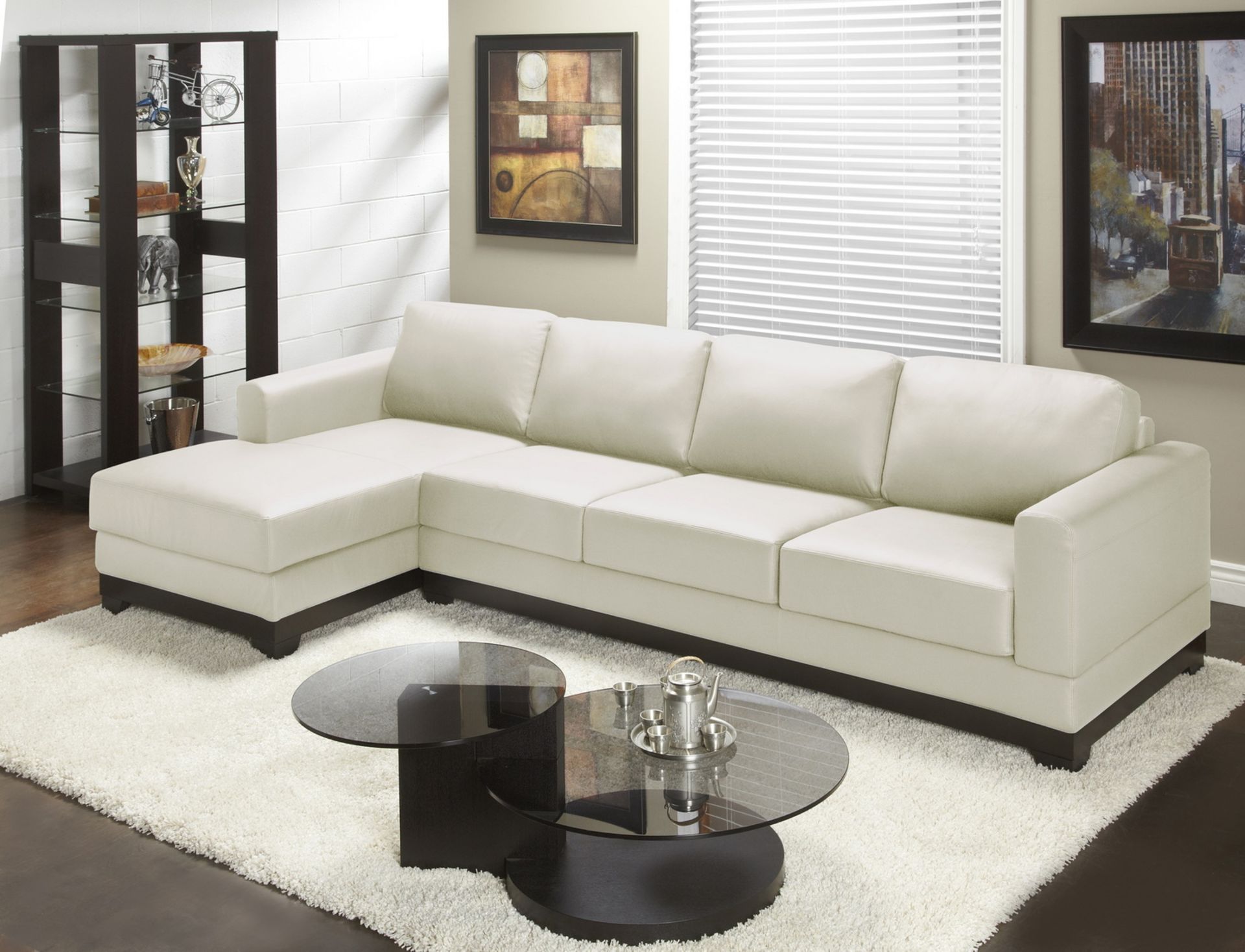 VENICE WHITE 100% GENUINE LEATHER SECTIONAL SOFA W/ CHAISE LOUNGER - 119" (#976) (CANADIAN MADE)