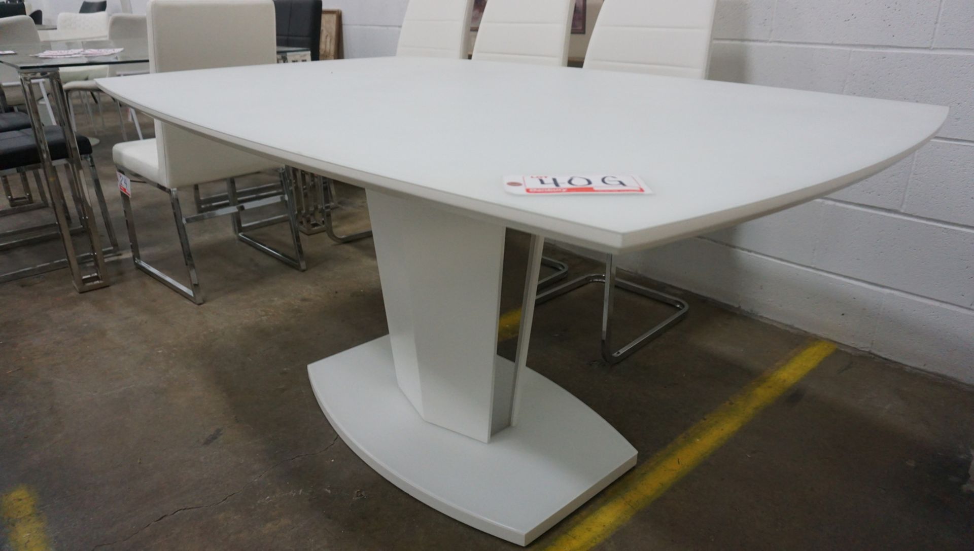 MATTE WHITE 63" X 39.5" X 30"H DINING TABLE W/ STAINLESS STEEL ACCENTS AND SAND BLASTED GLASS ON