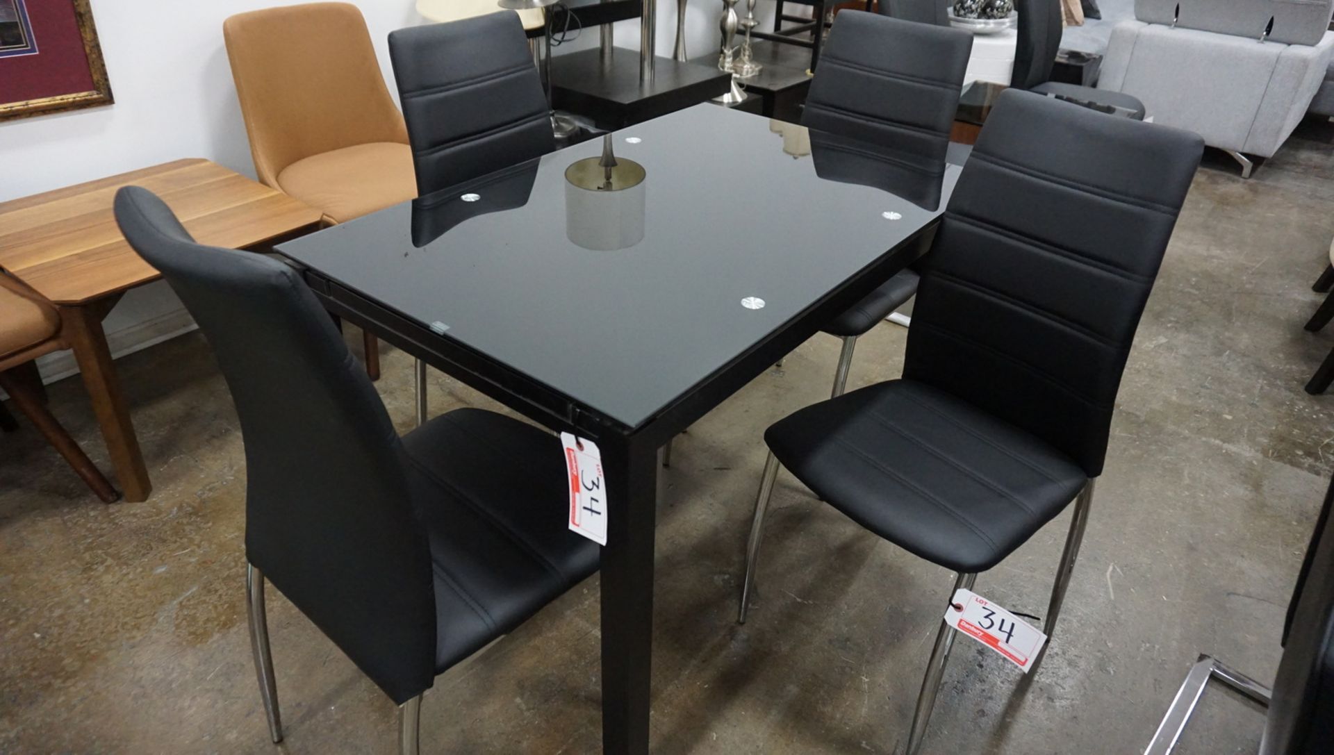 LOT - TEMPERED GLASS DINING TABLE C/W (4) BLK BUTTON TUFT DINING CHAIRS W/ CHROME BASE