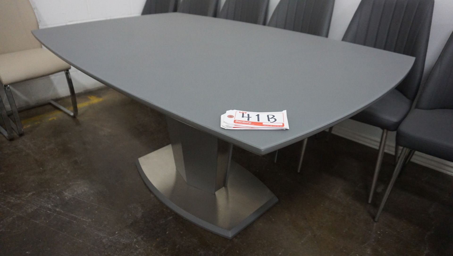 MATTE GREY 63" X 39.5" X 30"H DINING TABLE W/ STAINLESS STEEL ACCENTS AND SAND BLASTED GLASS ON