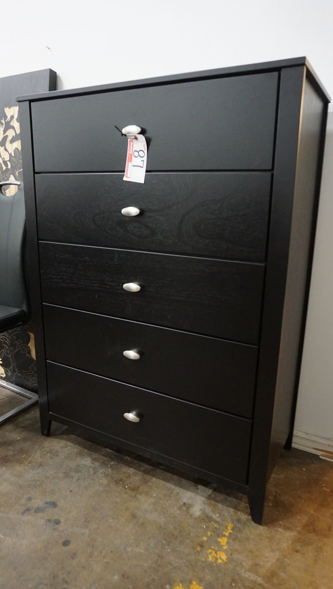 LOT - BEDROOM FURNITURE C/O: BLACK 6-DRAWER DRESSER 54" X 17" X 32" W/ MIRROR, & 5-DRAWER 36" X