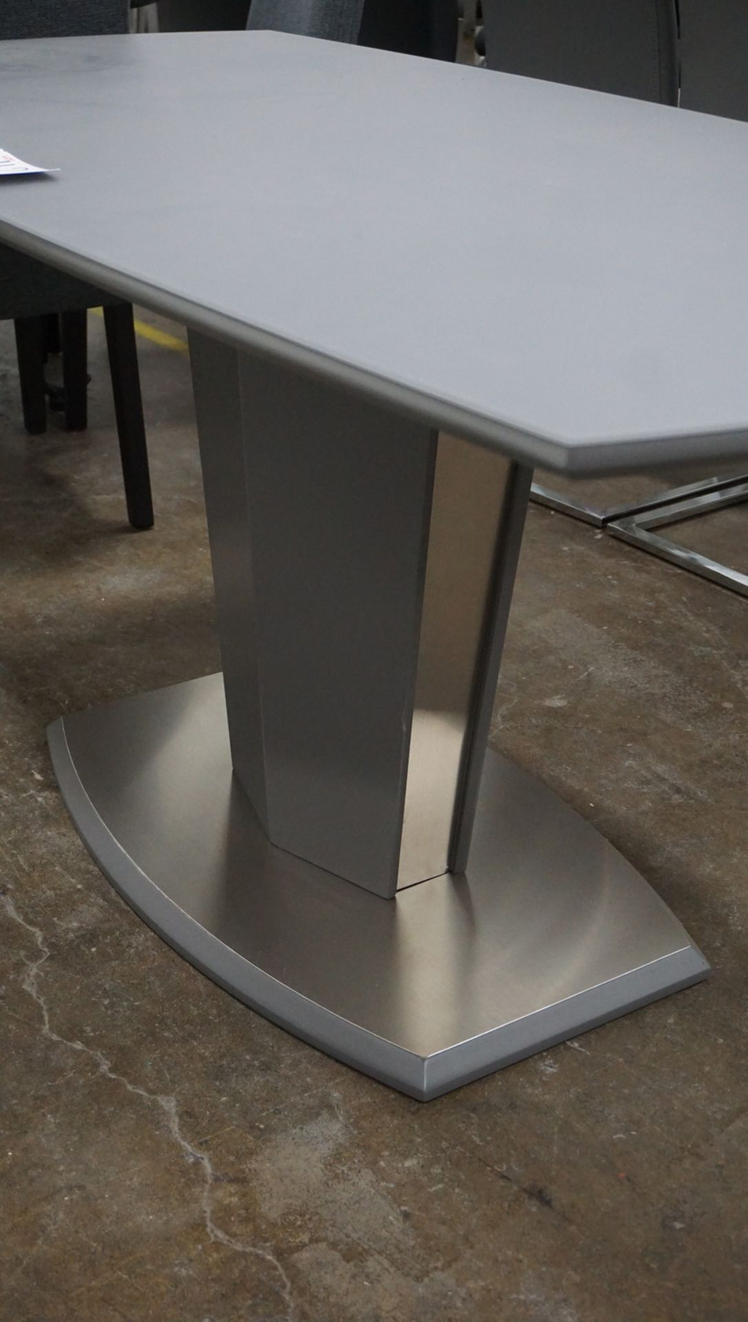 MATTE GREY 63" X 39.5" X 30"H DINING TABLE W/ STAINLESS STEEL ACCENTS AND SAND BLASTED GLASS ON - Image 2 of 2