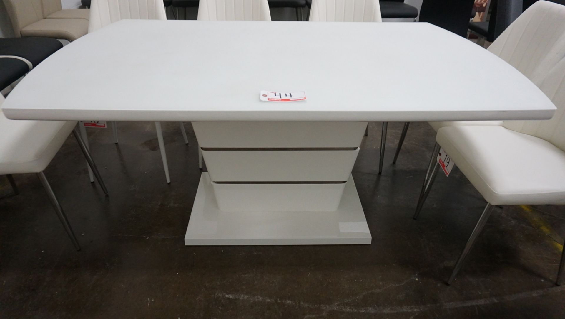 HIGH GLOSS WHITE 65" X 39.5" X 30"H DINING TABLE W/ STAINLESS STEEL ACCENT STRIPS