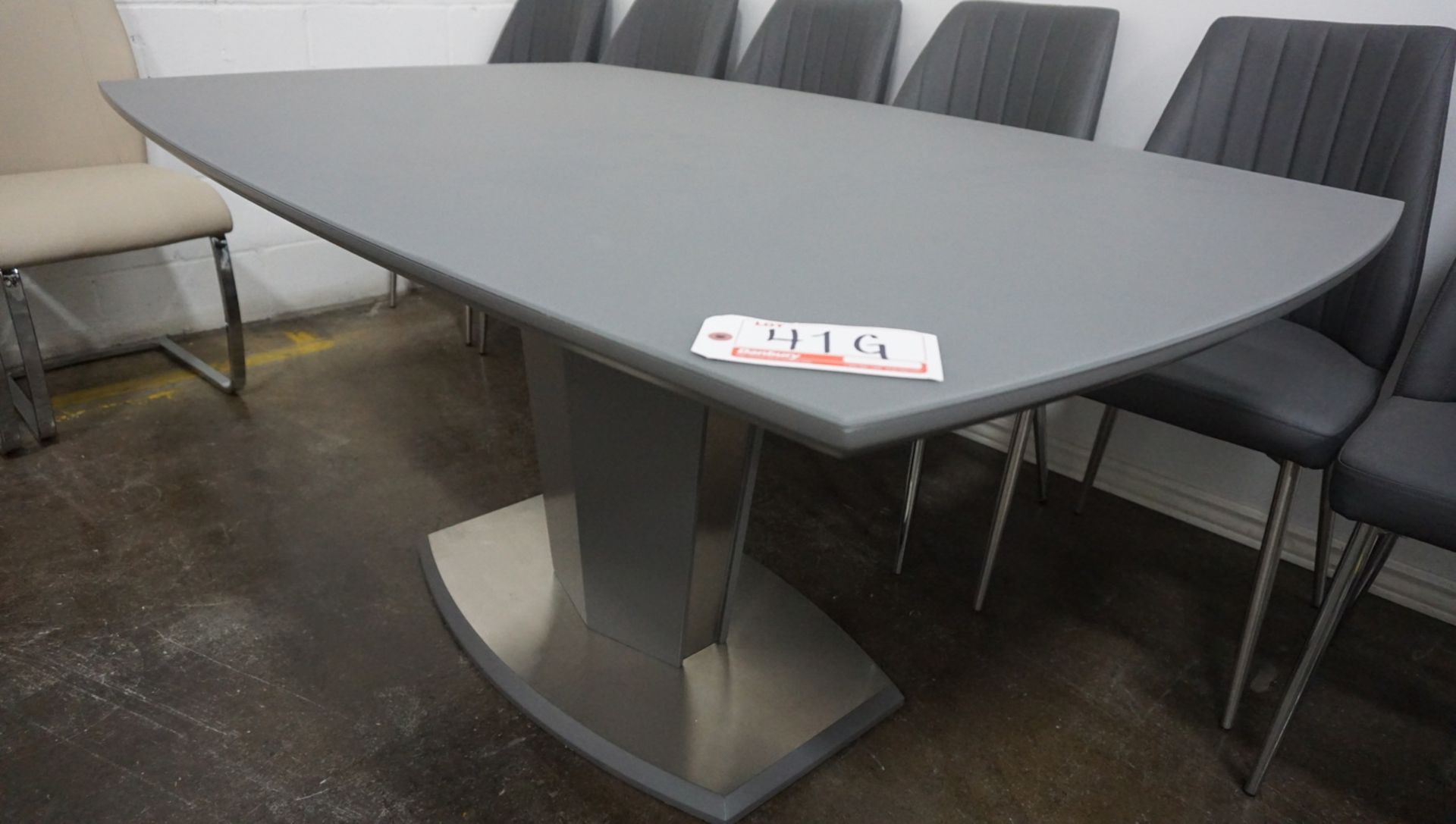MATTE GREY 63" X 39.5" X 30"H DINING TABLE W/ STAINLESS STEEL ACCENTS AND SAND BLASTED GLASS ON