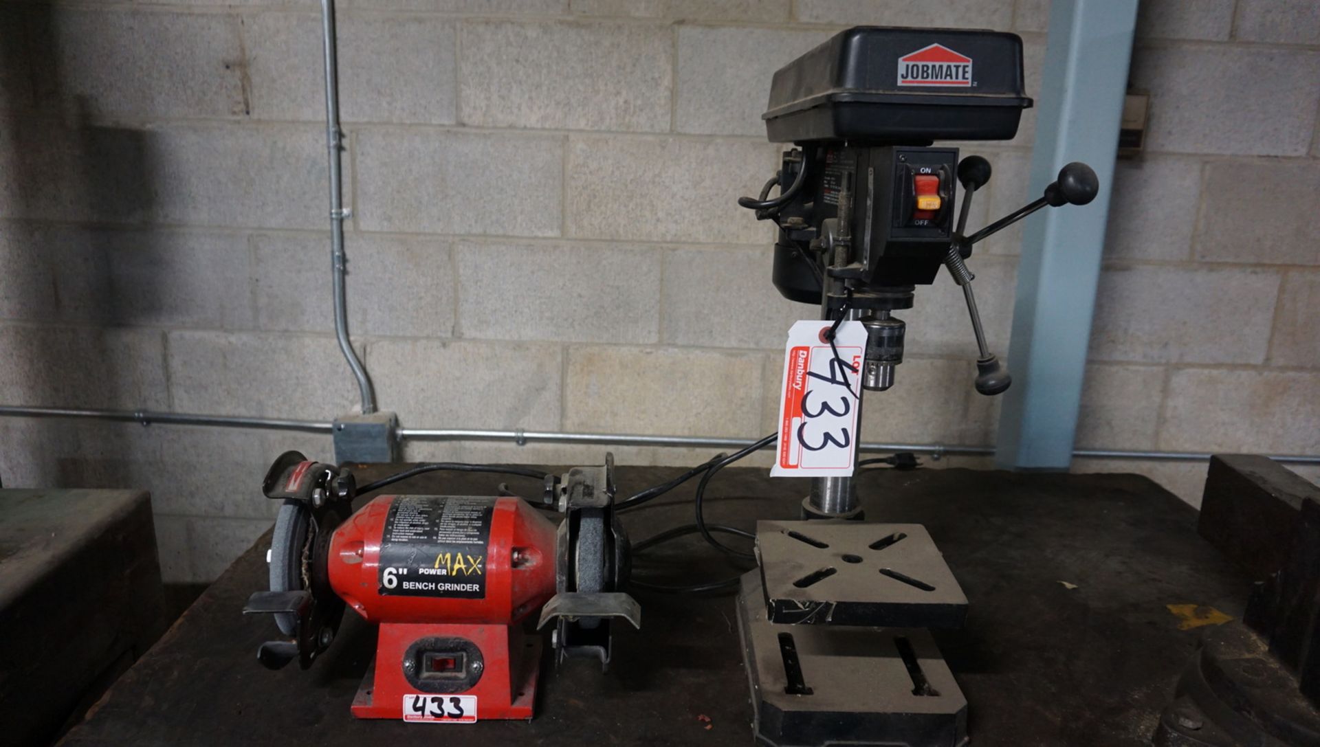 LOT - JOBMATE BENCH TOP DRILL PRESS W/ POWER MAX 6" BENCH GRINDER