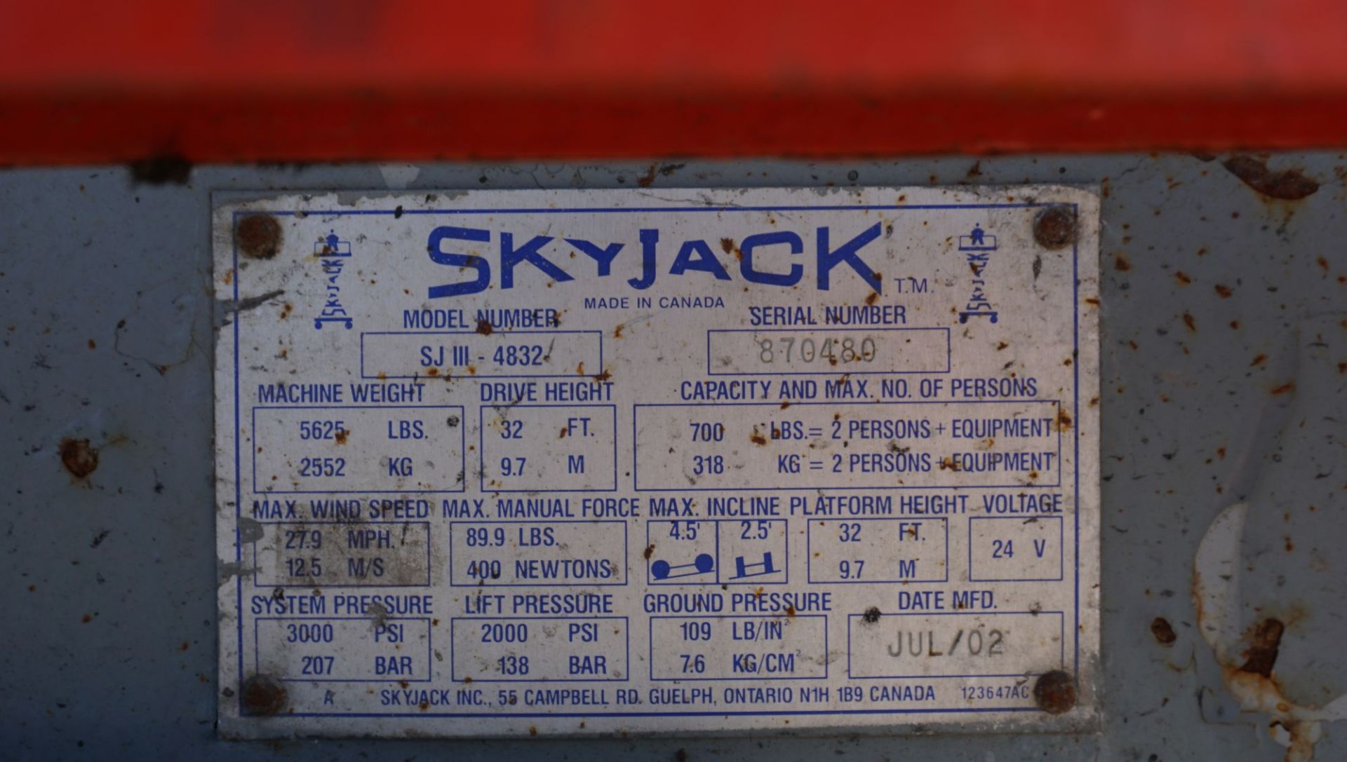 2002 SKYJACK MODEL SJIII-4832 SCISSOR LIFT, 32' MAX PLATFORM HEIGHT, 38' MAX WORKING HEIGHT, - Image 7 of 7