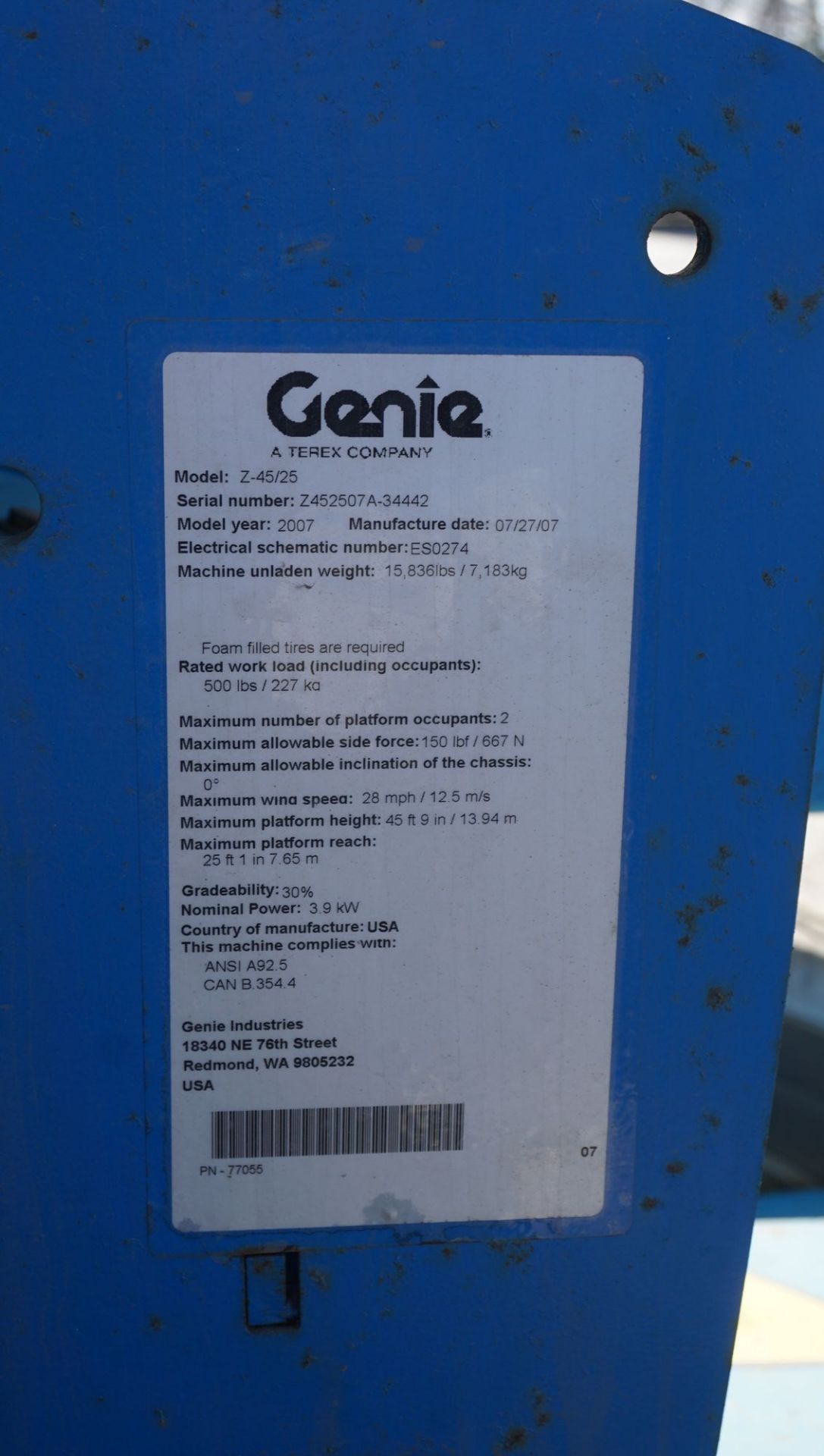 2007 GENIE MODEL Z-45/25 BATTERY POWERED ARTICULATING BOOM LIFT, 45' MAX PLATFORM HEIGHT - 51' - Image 8 of 8