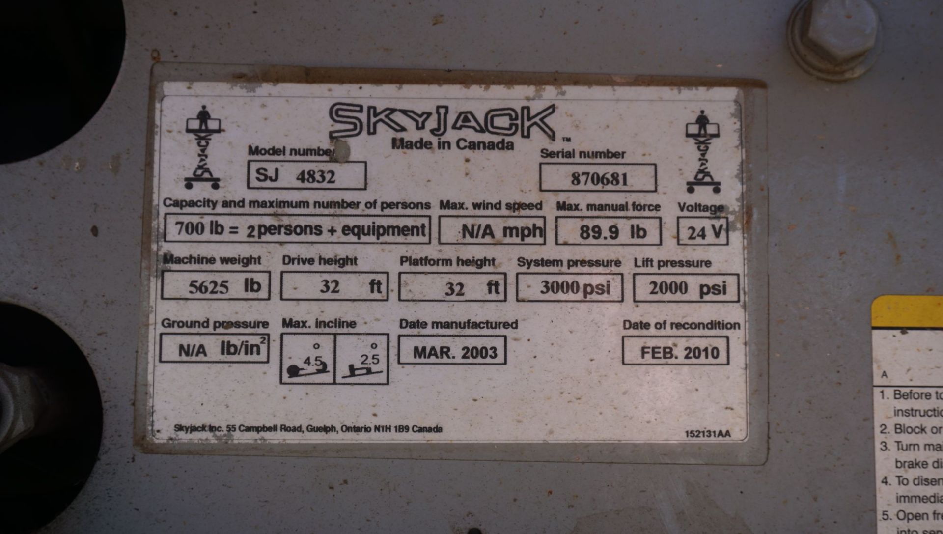 2003 SKYJACK MODEL SJIII-4832 SCISSOR LIFT, 32' MAX PLATFORM HEIGHT, 38' MAX WORKING HEIGHT, 700LBS - Image 6 of 8