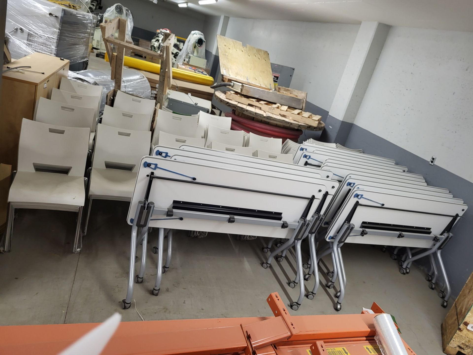 LOT - APPROX, (110) WHITE PLASTIC W/ CHROME BASE STACKING CHAIRS & (15) 6'L MOBILE TRAINING TABLES