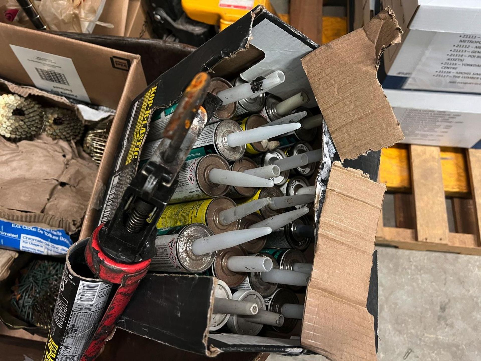 LOT - PNEUMATIC NAILERS, NAILS, ROOFERS SPADES, AIR LINE, ROPE, CAULKING, & WHEELBARROW (LOCATED AT - Image 4 of 8