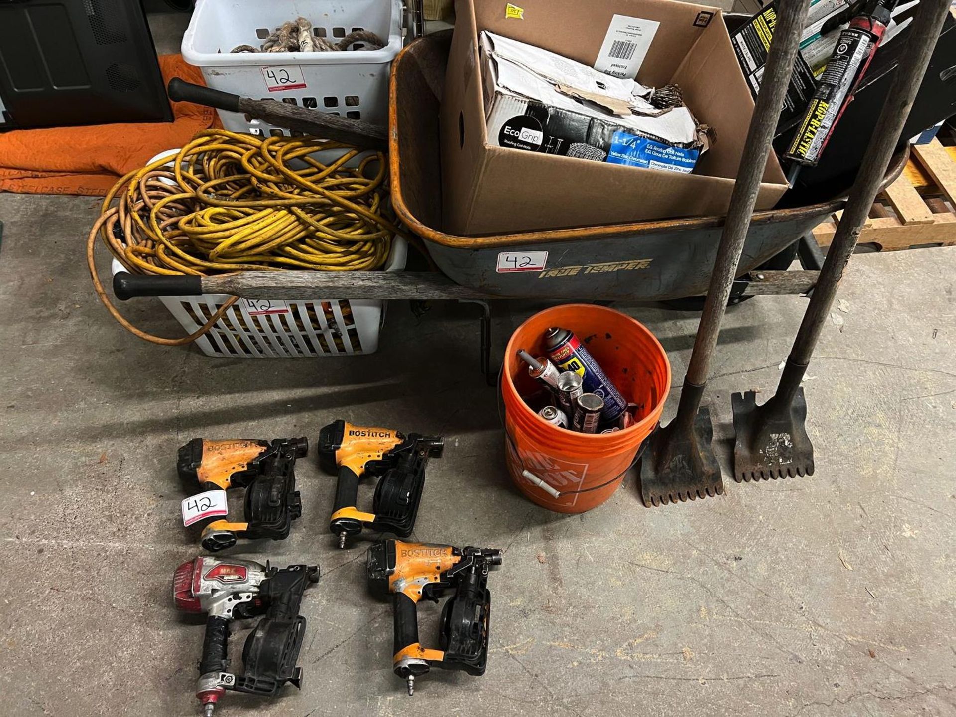 LOT - PNEUMATIC NAILERS, NAILS, ROOFERS SPADES, AIR LINE, ROPE, CAULKING, & WHEELBARROW (LOCATED AT