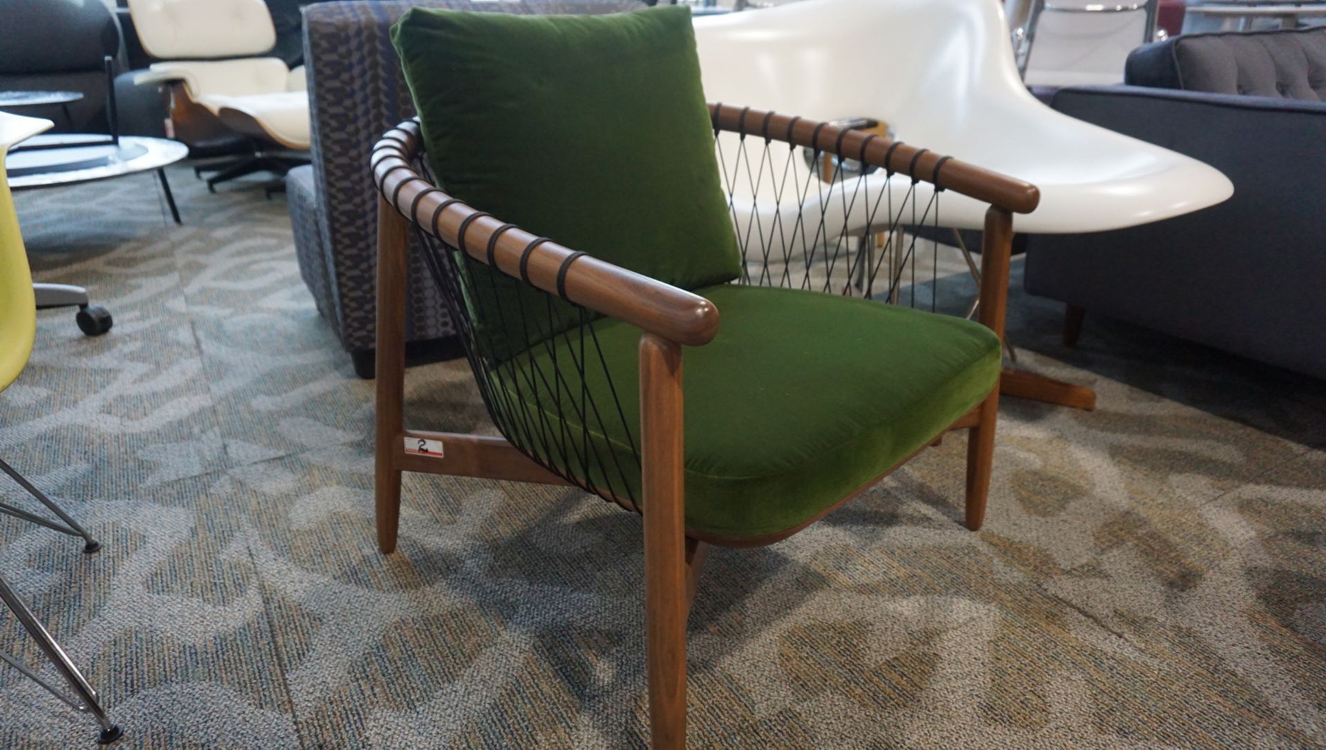 HERMAN MILLER CROSSHATCH CHAIR, WALNUT FINISH W/ BLACK CORD, & GREEN UPHOLSTERED CUSHIONS ($3,600