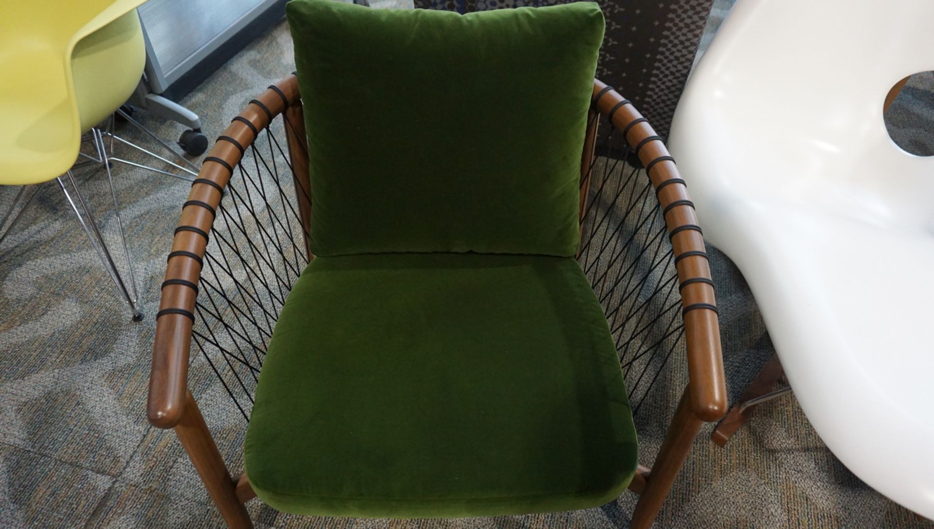 HERMAN MILLER CROSSHATCH CHAIR, WALNUT FINISH W/ BLACK CORD, & GREEN UPHOLSTERED CUSHIONS ($3,600 - Image 3 of 3