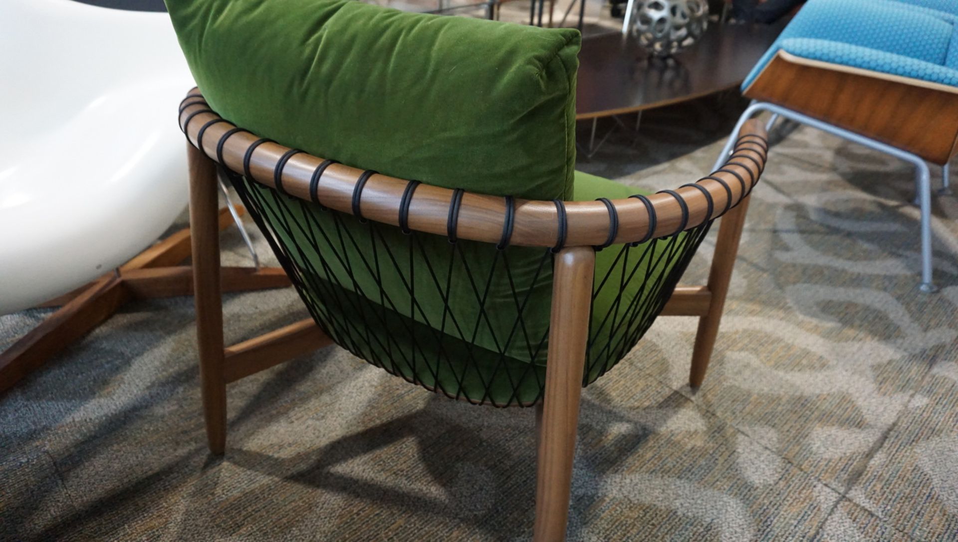 HERMAN MILLER CROSSHATCH CHAIR, WALNUT FINISH W/ BLACK CORD, & GREEN UPHOLSTERED CUSHIONS ($3,600 - Image 2 of 3