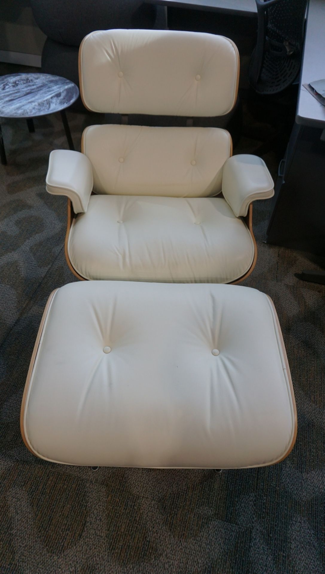 HERMAN MILLER EAMES ALPINE WHITE LEATHER LOUNGE CHAIR C/W OTTOMAN ($9,300 MSRP) - Image 3 of 3