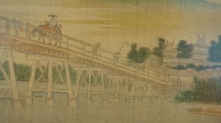 Feine Malerei auf Seidenstoff Brücke mit Stadtpanorama, China 19. Jhd.