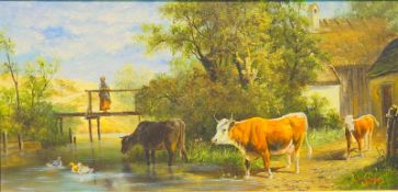 Gilde, J: Kühe am Bachlauf mit Magd und Reethaus