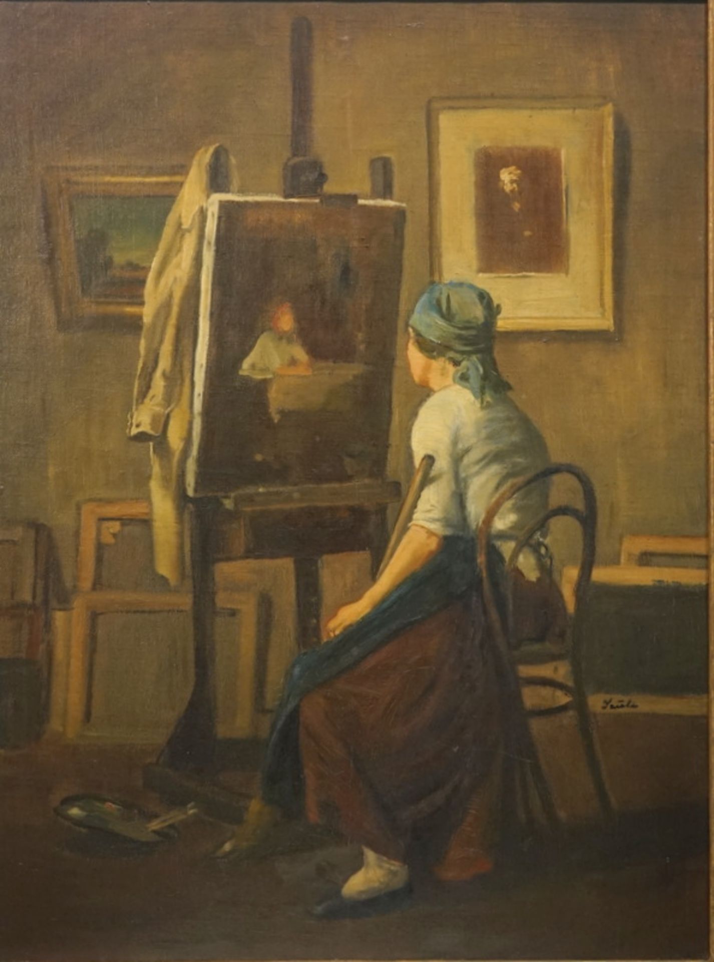 Szüle, Peter: Pause von der Arbeit, im Maleratelier, ca. um 1920