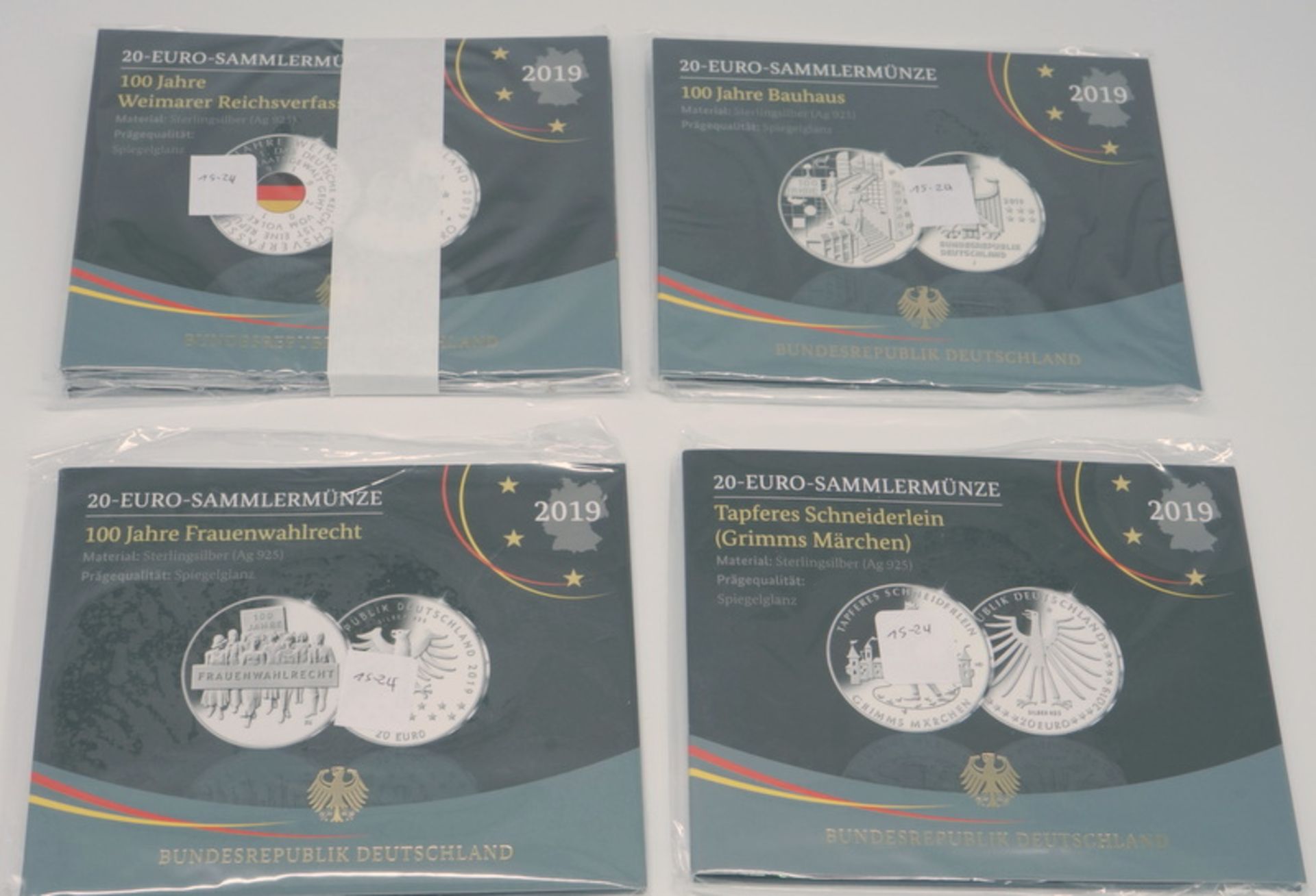 5x 20-Euro-Sammlermünzen, 925er-Sterlingsilber, BRD, 2019, 90 g