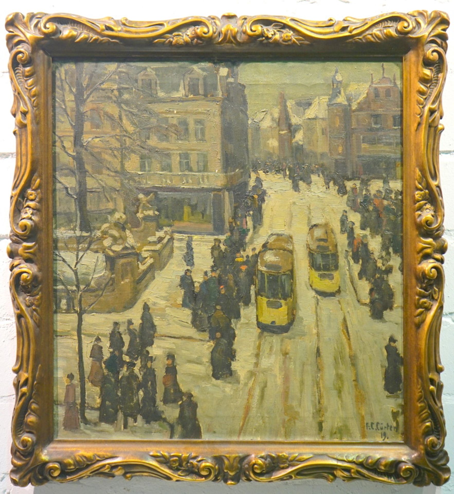 Cürten, Ferdinand Carl: Corneliusplatz in Düsseldorf mit Strassenbahnen - dat. Jan. 1919 - Image 2 of 3