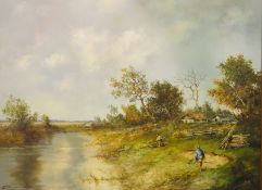 Gemälde "Bauerndorf am Fluss", Öl auf Leinwand, 20. Jhd.