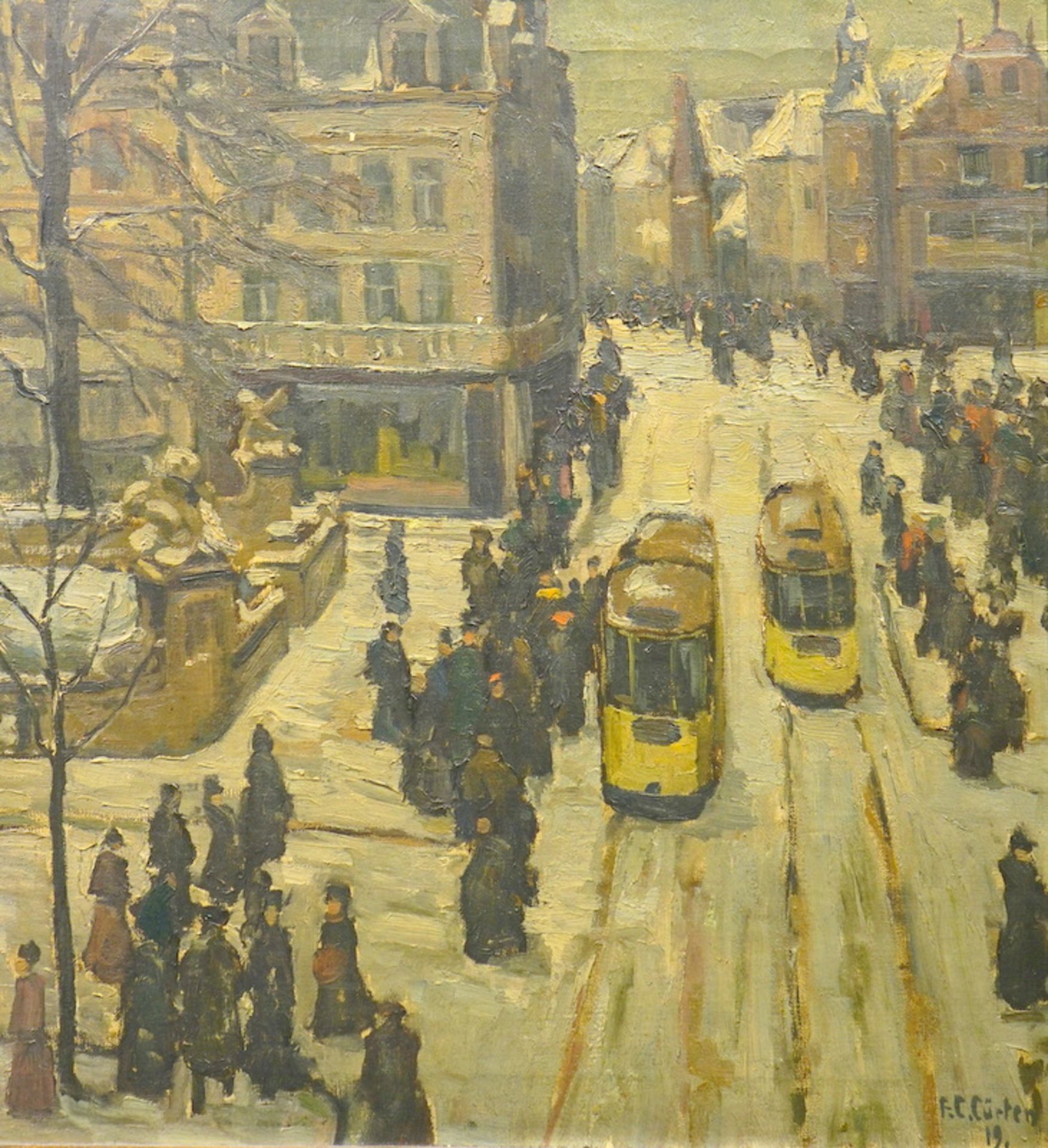 Cürten, Ferdinand Carl: Corneliusplatz in Düsseldorf mit Strassenbahnen - dat. Jan. 1919