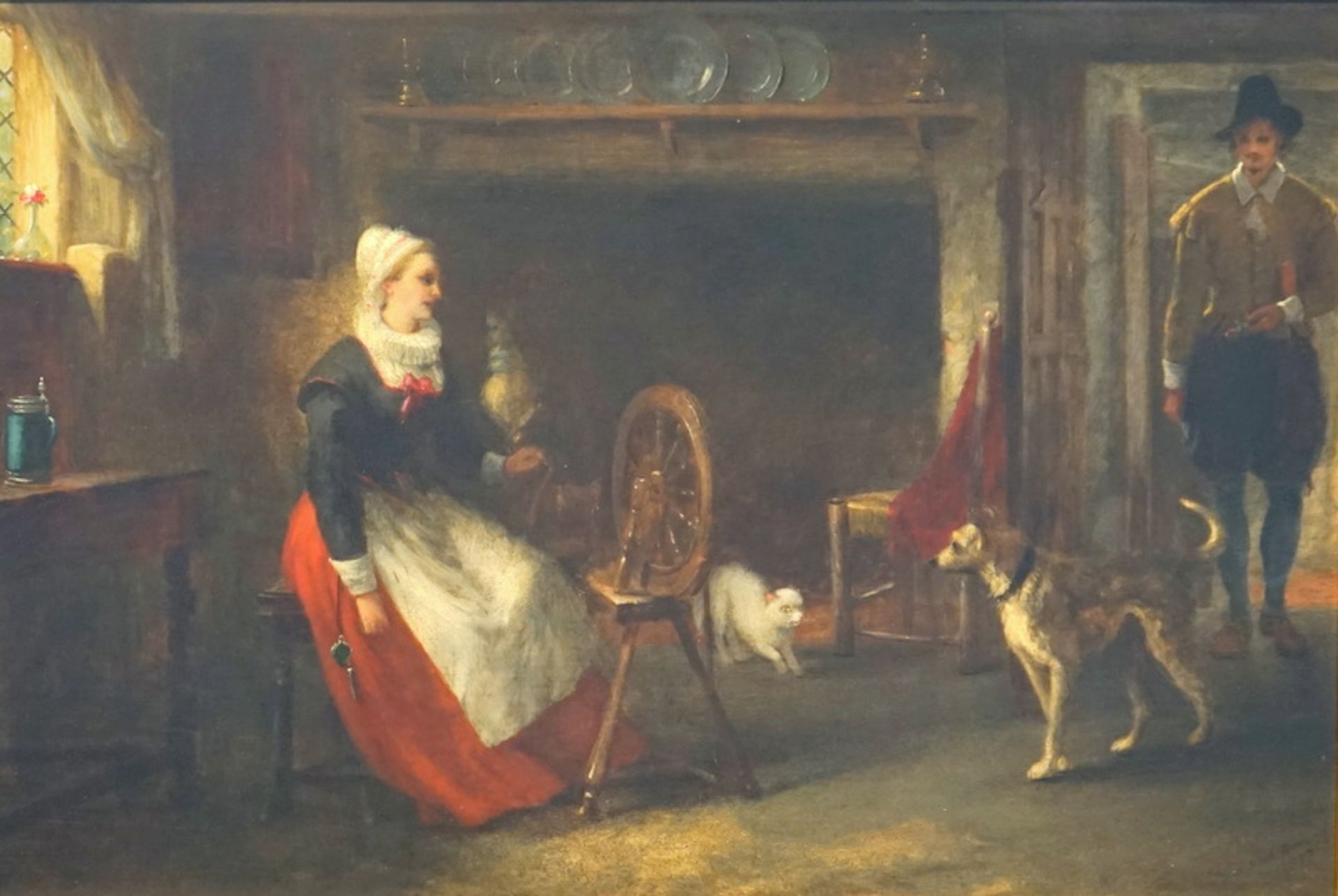 Thomas Brooks (1818 Kingston upon Hill - 1892 London): Frau am Spinnrad und eintretender Kavallier