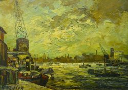 Gemälde "Hamburger Hafen", Spachteltechnik, 1950/60er Jahre